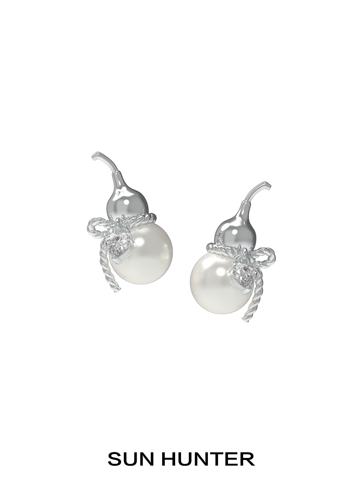 Elegant silver Chinese fortune gourd earrings with pearl accents and decorative bow detail