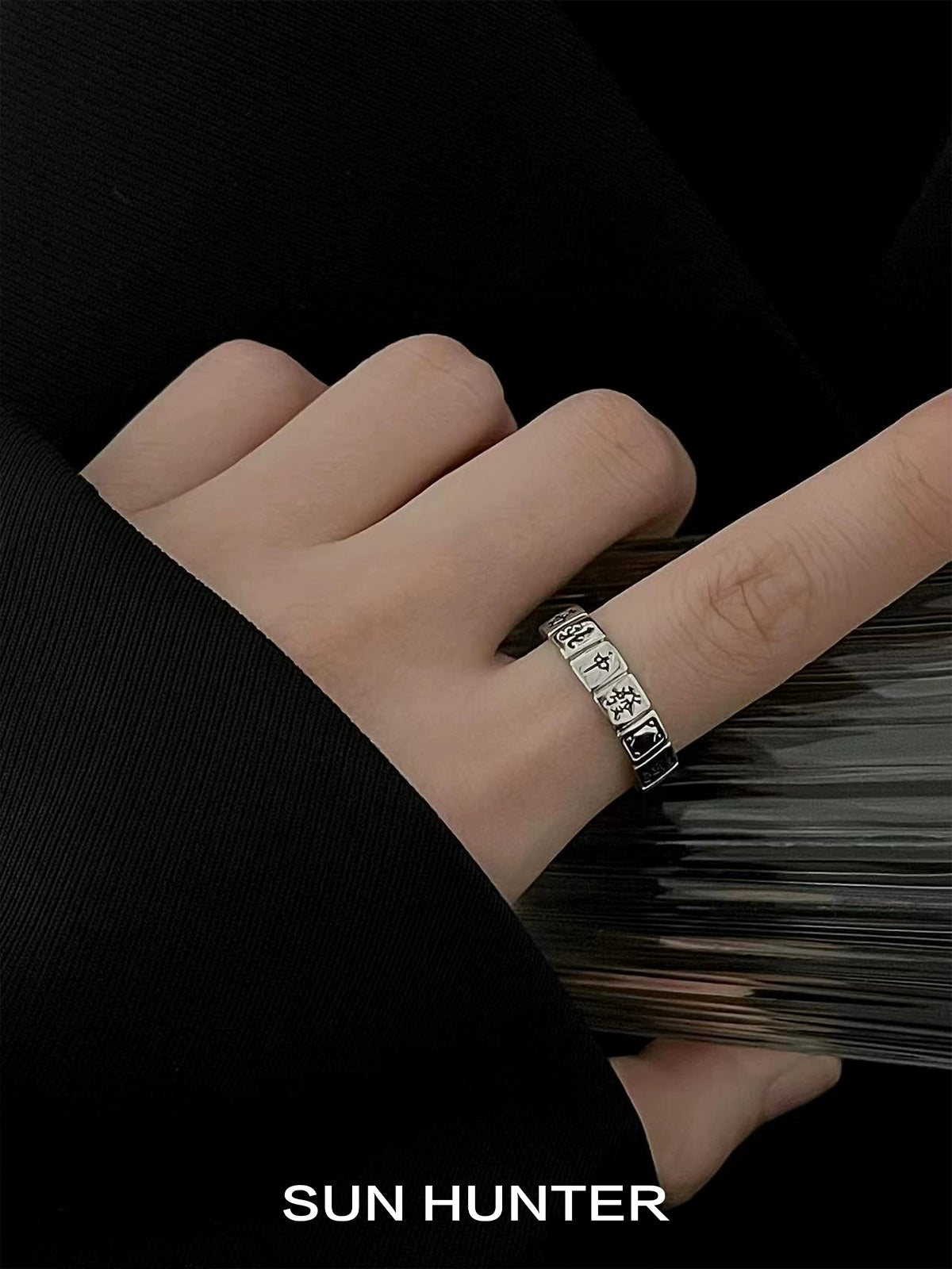 Stylish SUN HUNTER Chinese Mahjong ring in silver with intricate designs for trendy accessory lovers
