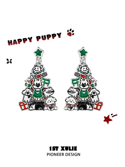 Christmas dog earrings featuring playful puppies, gifts, and green decorations for festive pet lovers