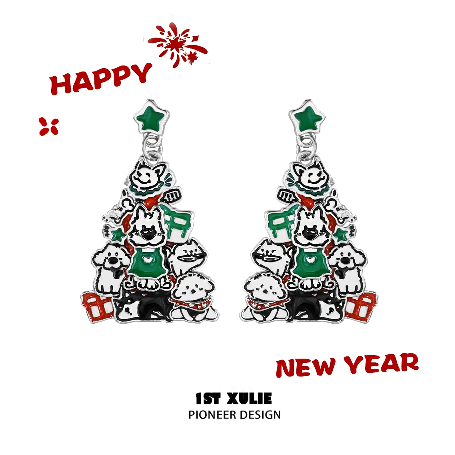 Festive Christmas dog earrings featuring colorful designs of dogs and a Christmas tree