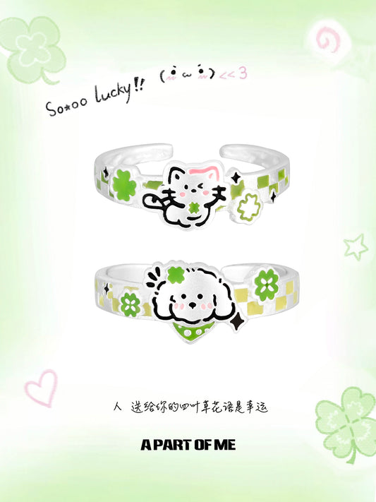 Cute clover cat puppy couple rings in silver featuring adorable designs and adjustable sizing