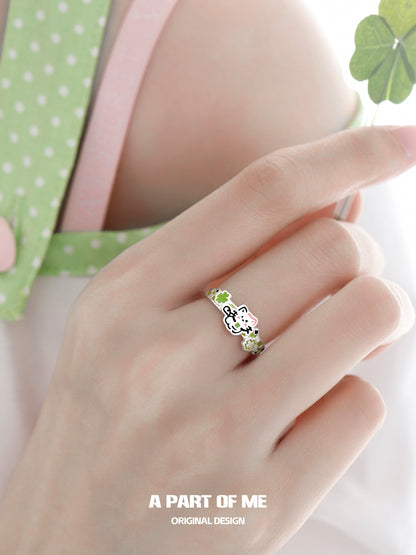 A Part of Me Clover Cat Puppy Couple Rings in Silver with Colorful Enamel Design