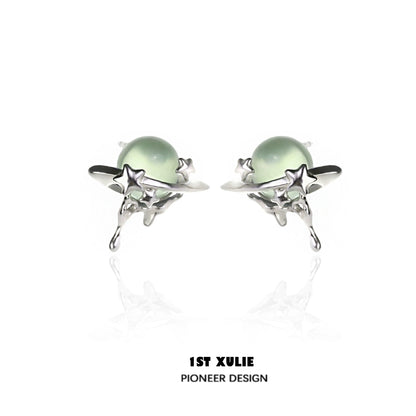1ST XULIE Cosmic Meteorite Earrings with Green Planet Charms and Star Accents