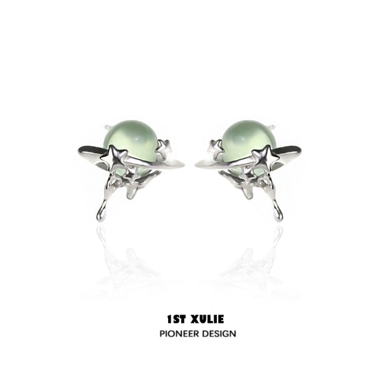 1ST XULIE Cosmic Meteorite Earrings with Green Planet Charms and Star Accents