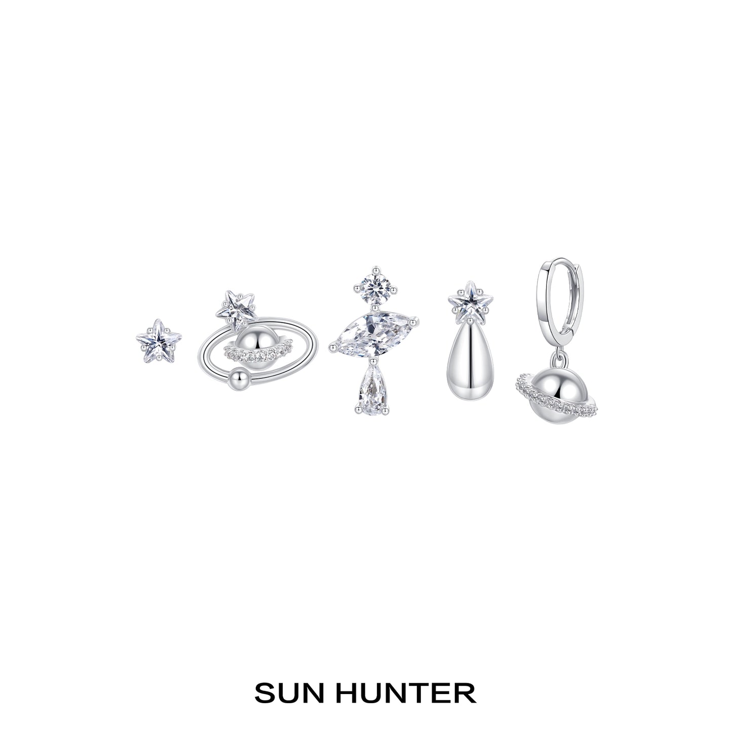 Sun Hunter cosmic planet earrings set featuring sparkling star and planet designs in silver tone