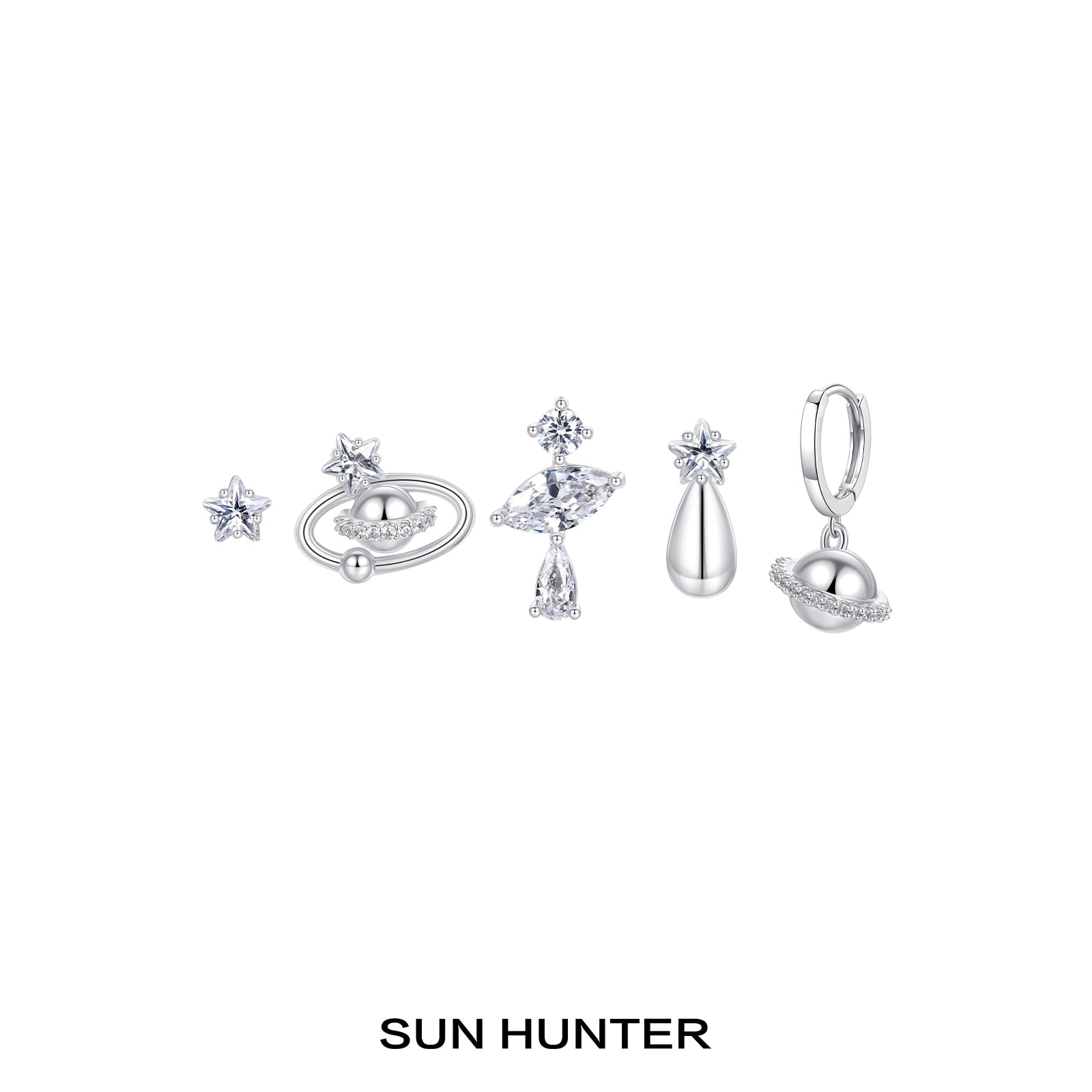 Sun Hunter cosmic planet earrings set featuring sparkling star and planet designs in silver tone