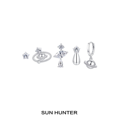 Sun Hunter cosmic planet earrings set featuring sparkling star and planet designs in silver tone