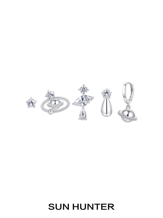 Cosmic planet earrings set featuring silver and sparkling star designs for stylish accessorizing