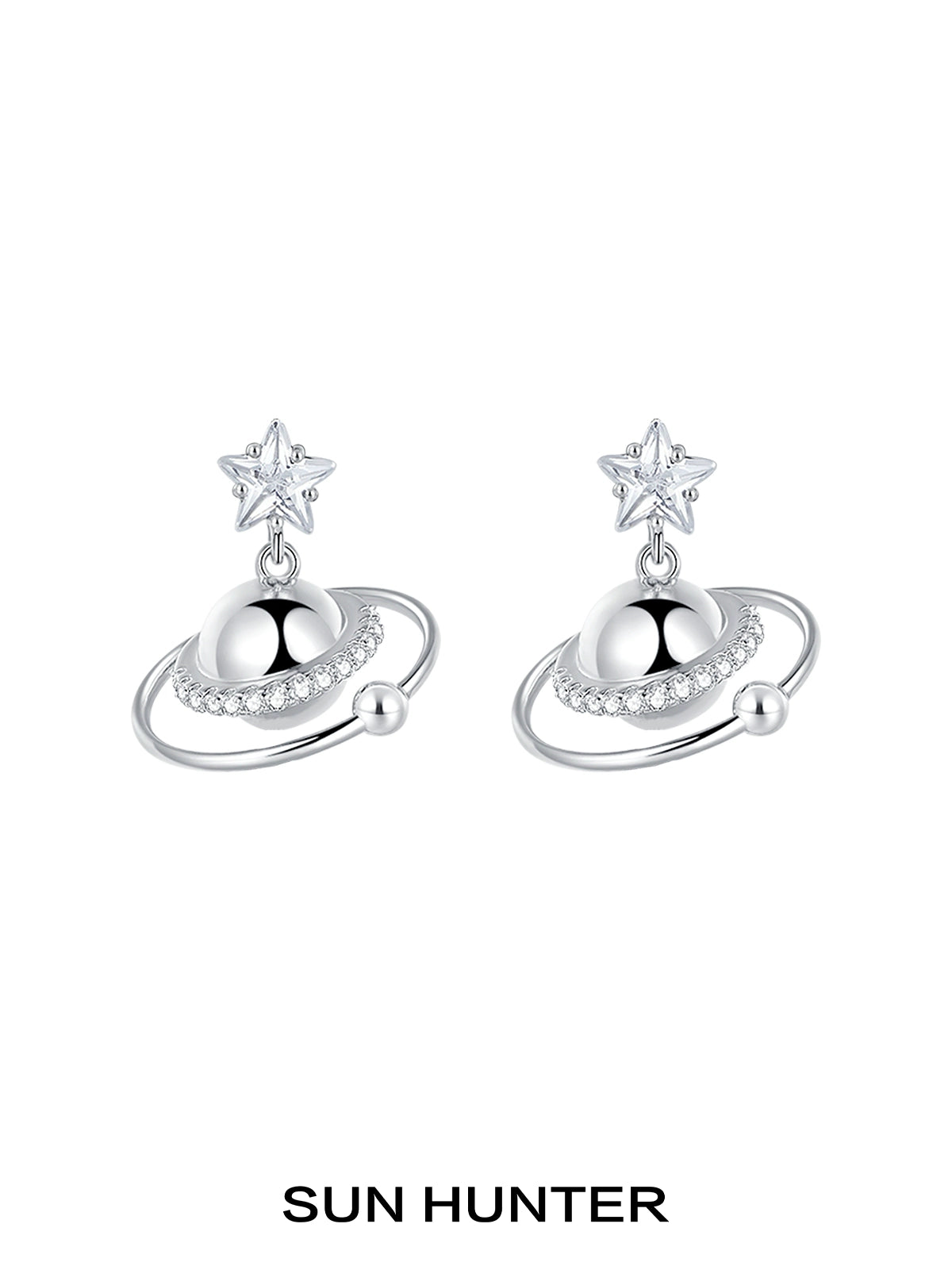 SUN HUNTER cosmic planet star earrings featuring a star and planet design with sparkling accents