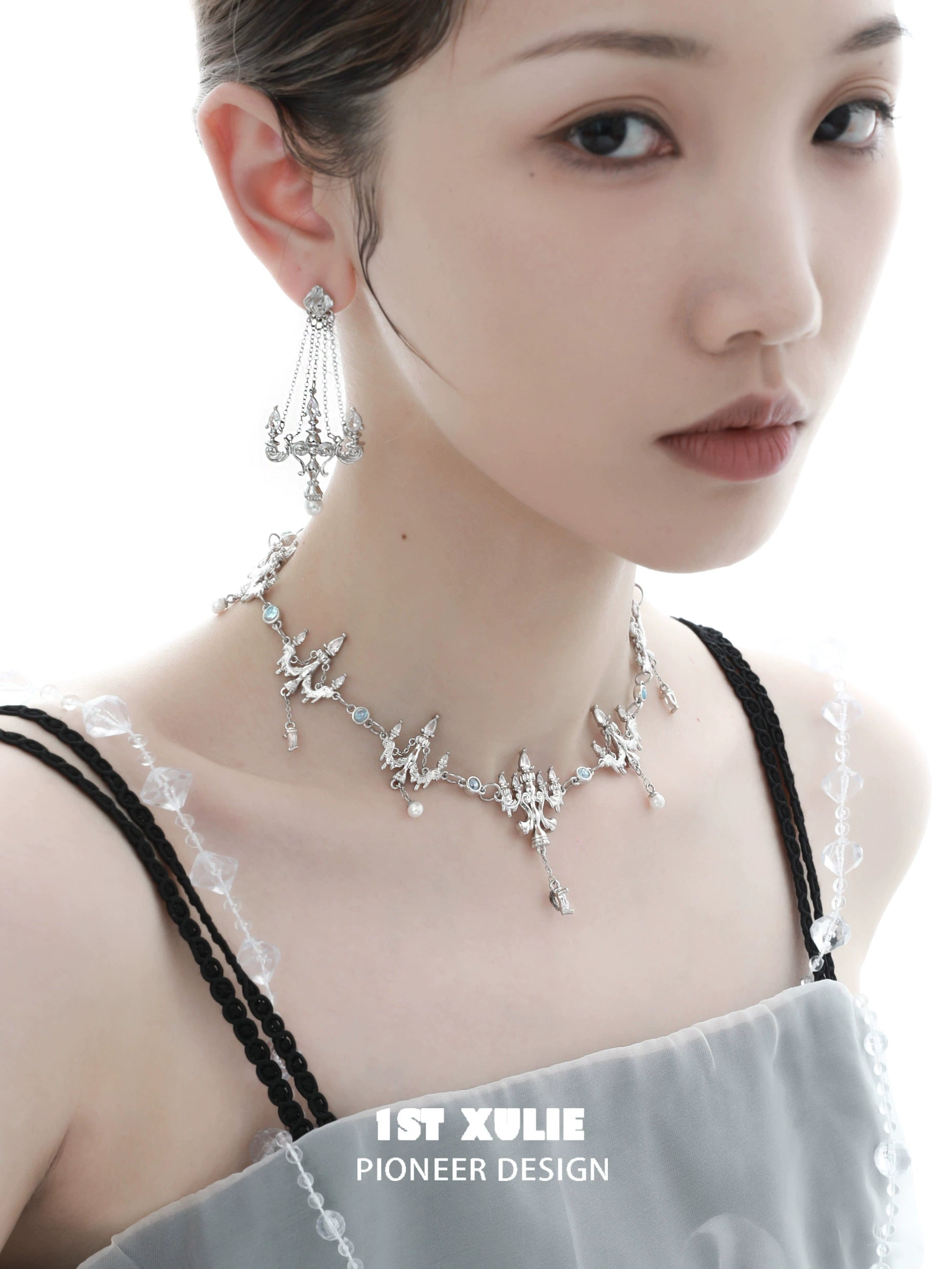 Elegant 1STXULIE crystal fringe necklace with intricate design and matching earrings for a stylish look