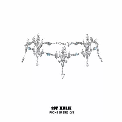 Elegant crystal fringe necklace with shimmering details and blue accents from 1ST XULIE