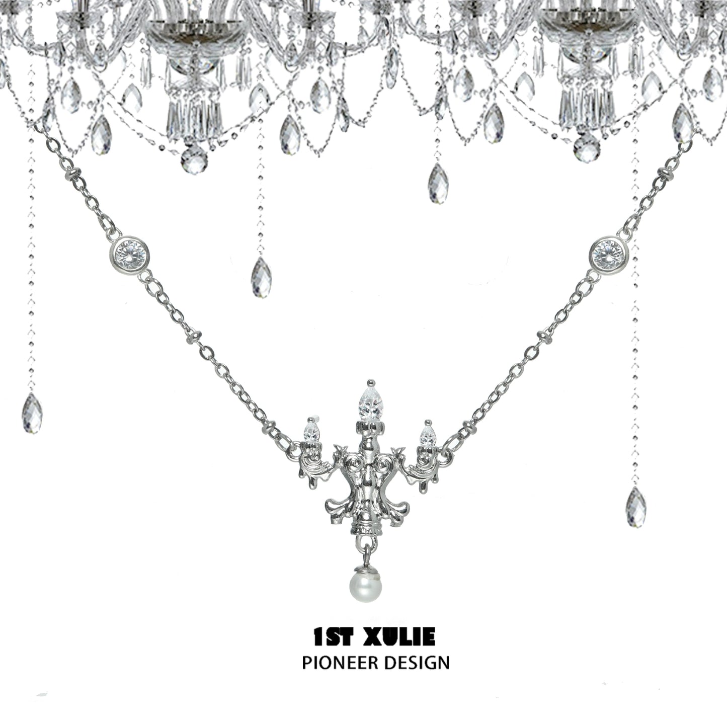 Elegant crystal lamp silver necklace featuring intricate detailing and sparkling crystals