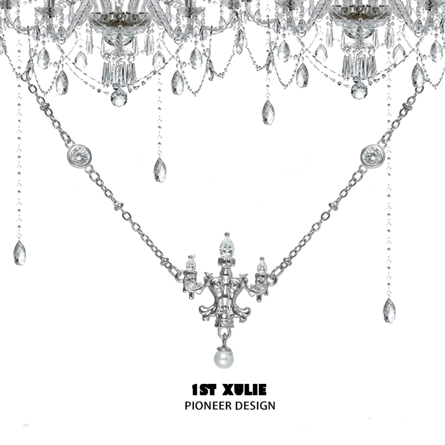 Elegant crystal lamp silver necklace featuring intricate detailing and sparkling crystals
