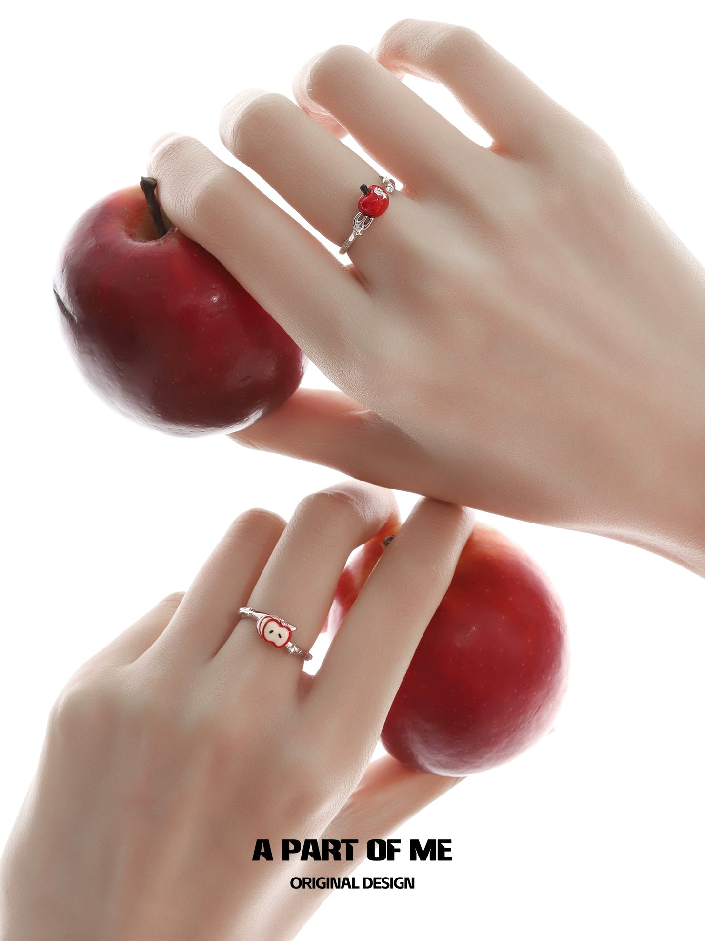 Cute apple ring by A PART OF ME featured on hands holding red apples