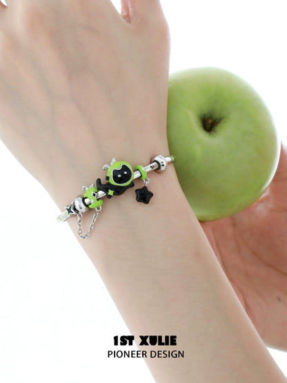 Cute cat and puppy bracelet in green and black featuring playful charms for animal lovers