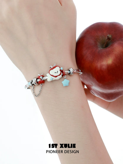 Cute cat and puppy bracelet featuring colorful charms and a silver chain design