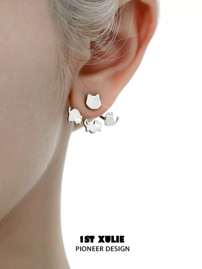 Cute cat earrings removable in silver featuring playful cat shapes for cat lovers