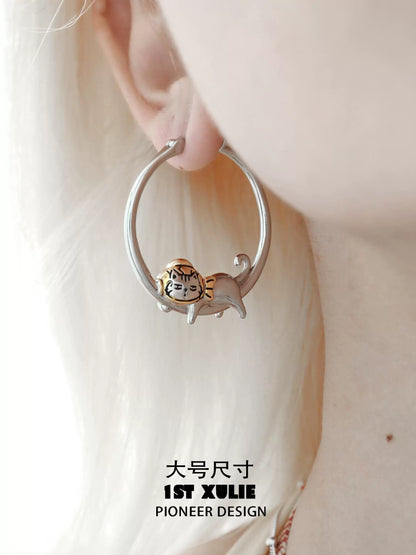 Cute cat hoop earrings in silver with adorable cat design for animal lovers