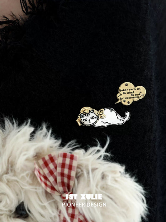 Cute cat silver brooch with a whimsical design featuring a cat and a heartfelt message