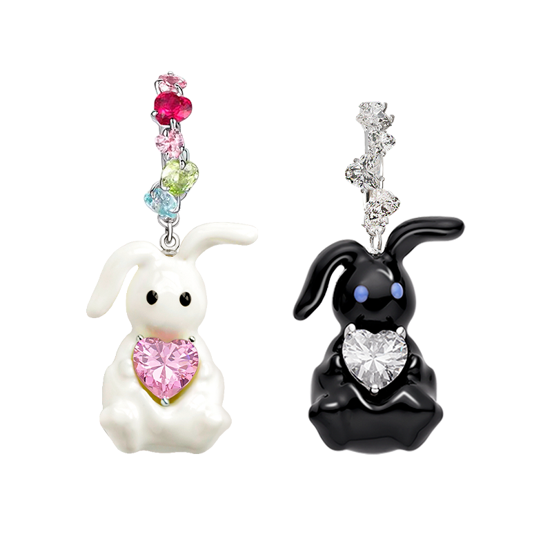 Cute enamel rabbit earrings featuring colorful gemstones and heart-shaped designs