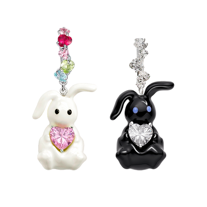 Cute enamel rabbit earrings featuring colorful gemstones and heart-shaped designs