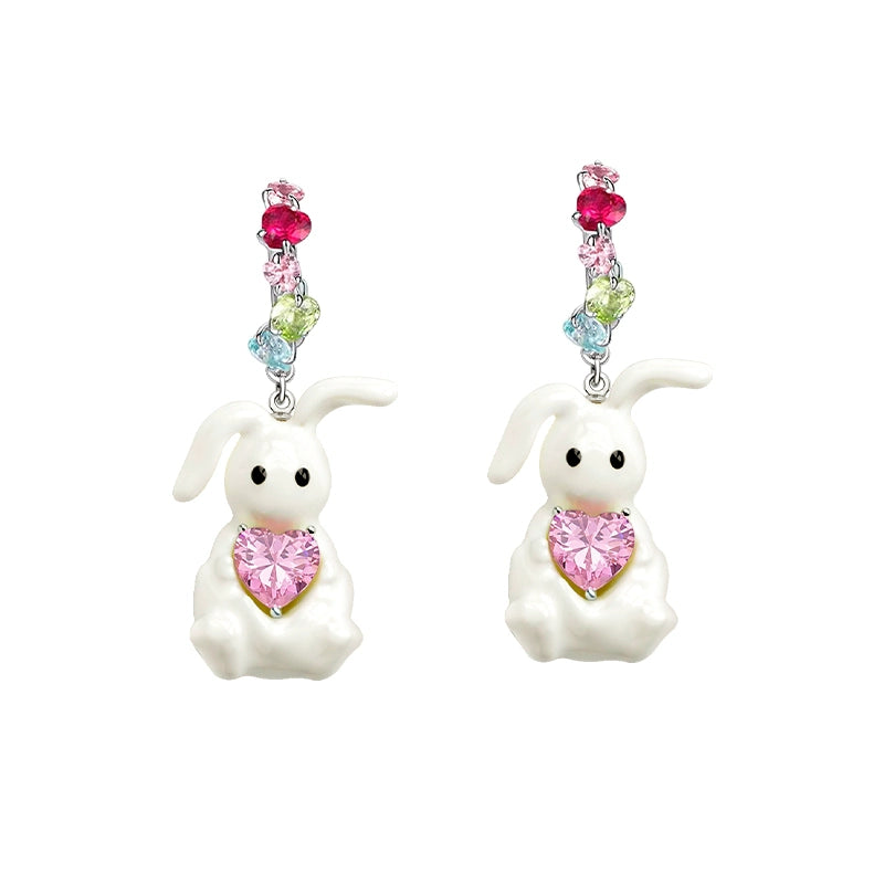 Cute enamel rabbit earrings with colorful heart-shaped accents for a charming look