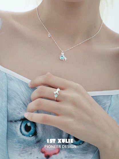 Cute kitten silver ring designed by 1ST XULIE, showcasing a charming feline detail