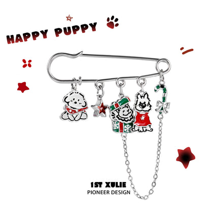 Cute puppy brooch pin with adorable charms including a puppy and festive elements