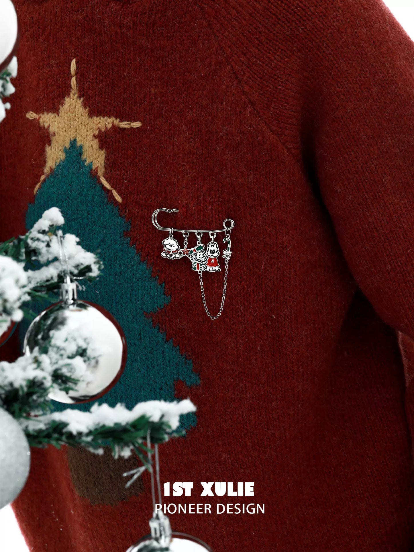 Cute puppy brooch pin attached to a festive sweater featuring a holiday tree design