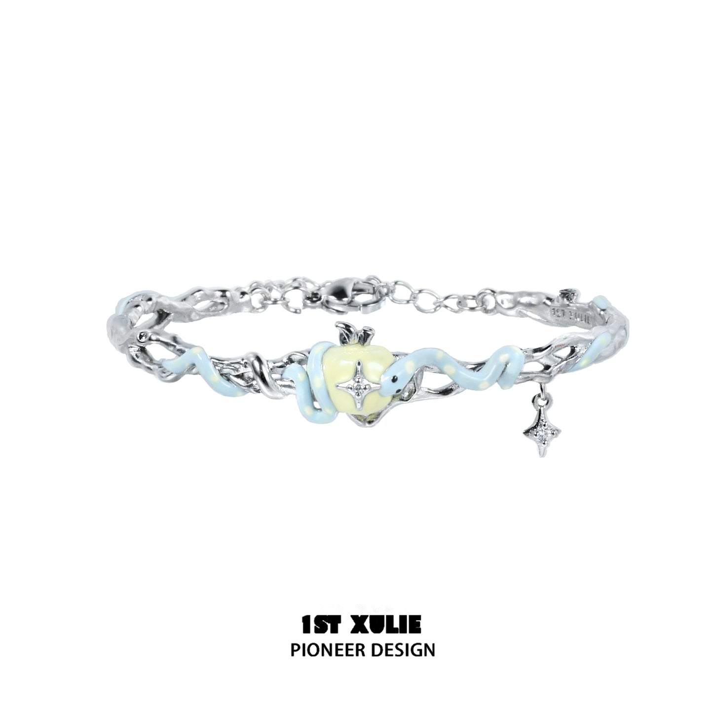 Cute snake apple bracelet with silver charm and blue accents for trendy accessory lovers