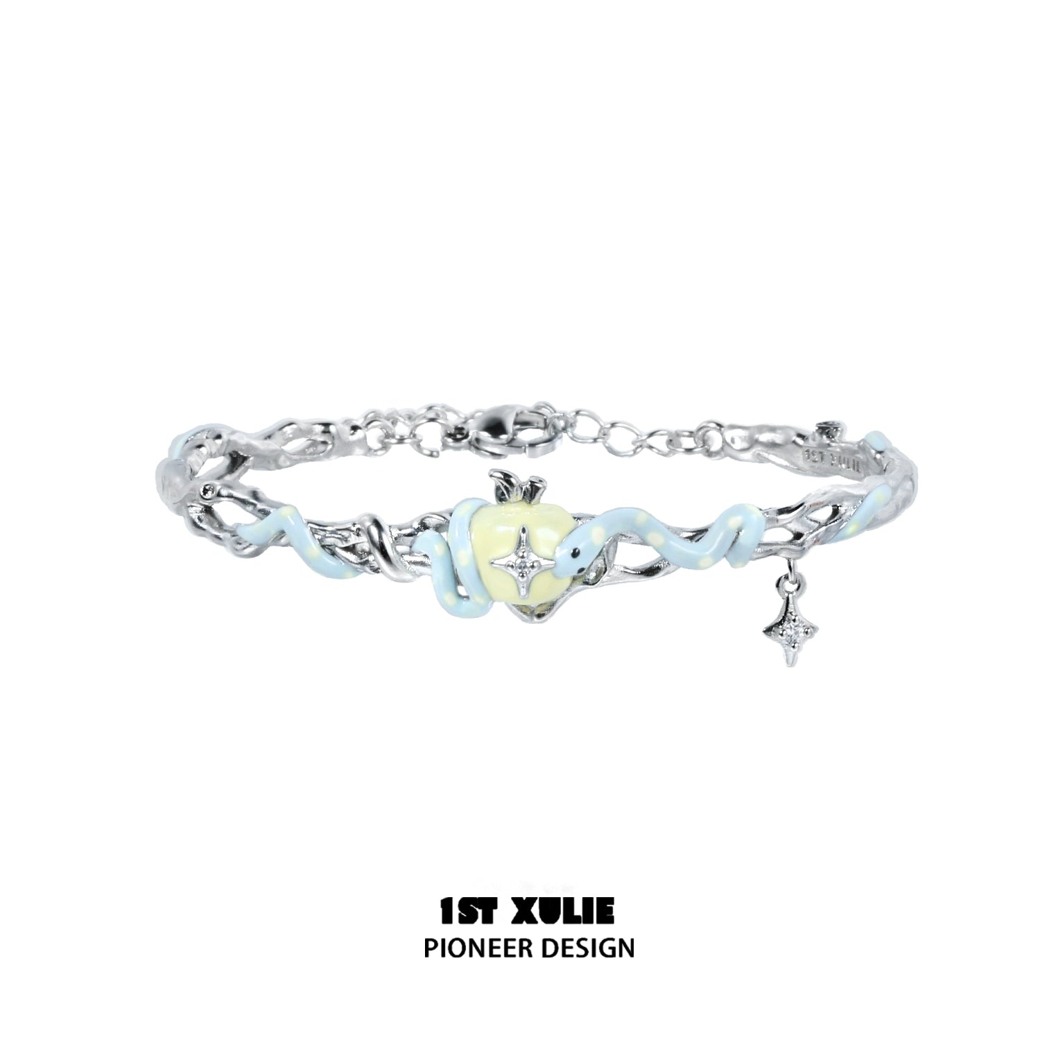 Cute snake apple bracelet with silver charm and blue accents for trendy accessory lovers