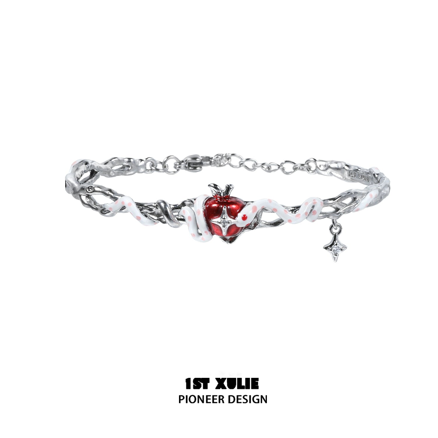 Cute snake apple bracelet from 1STXULIE featuring a silver chain and heart charm
