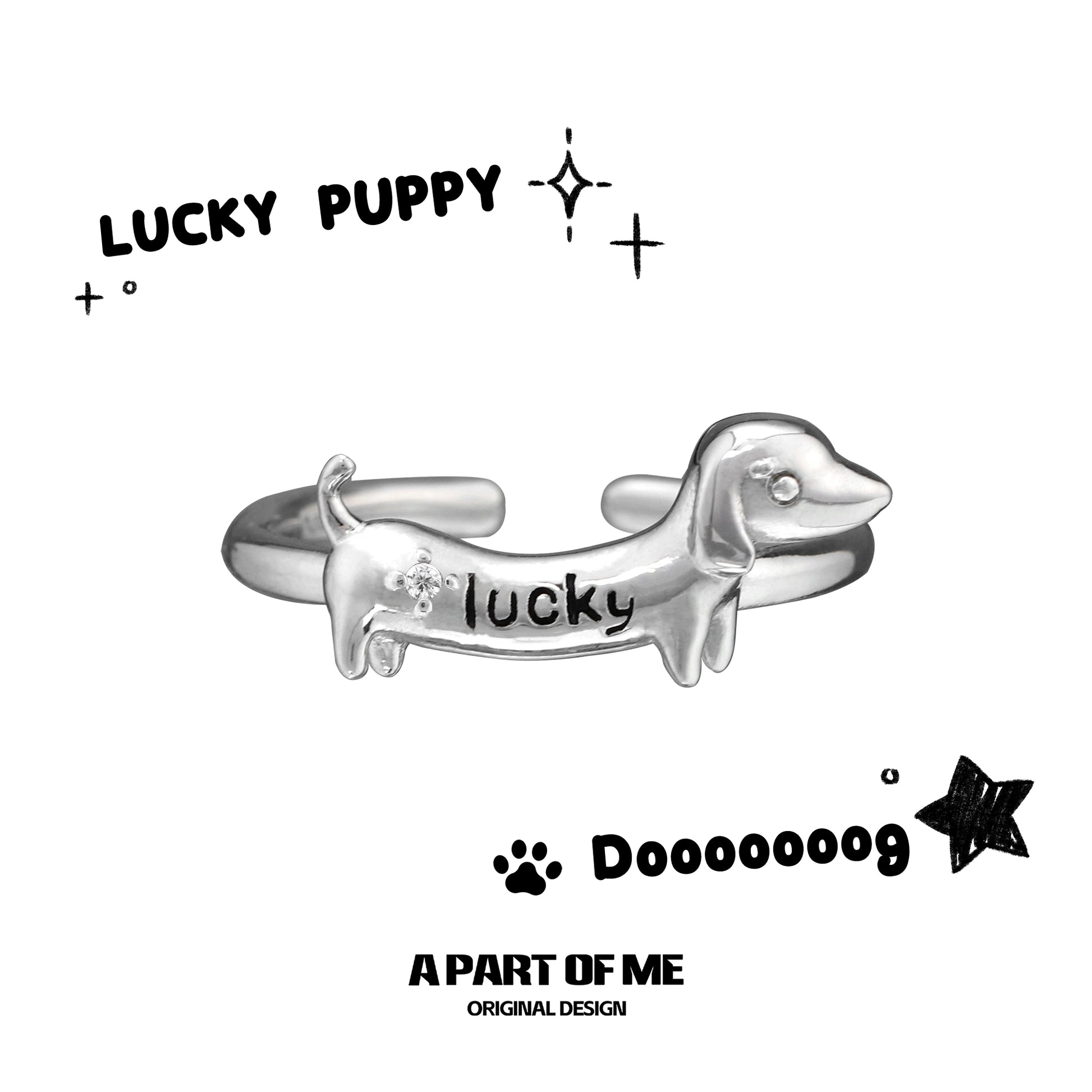 Dachshund silver ring featuring a lucky puppy design with a playful expression
