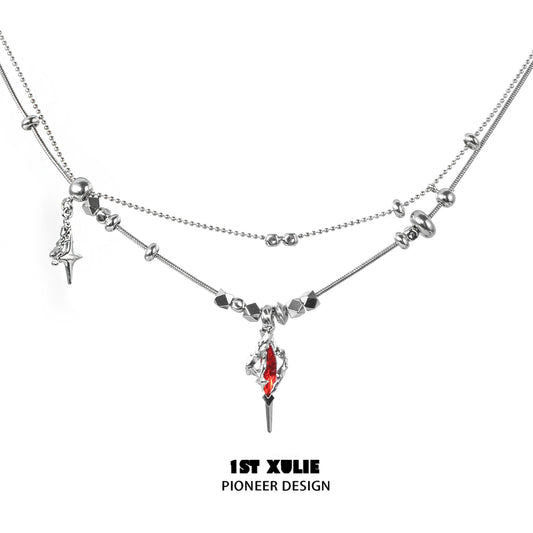 1STXULIE dark dreamcore necklace featuring silver chains and a red crystal pendant