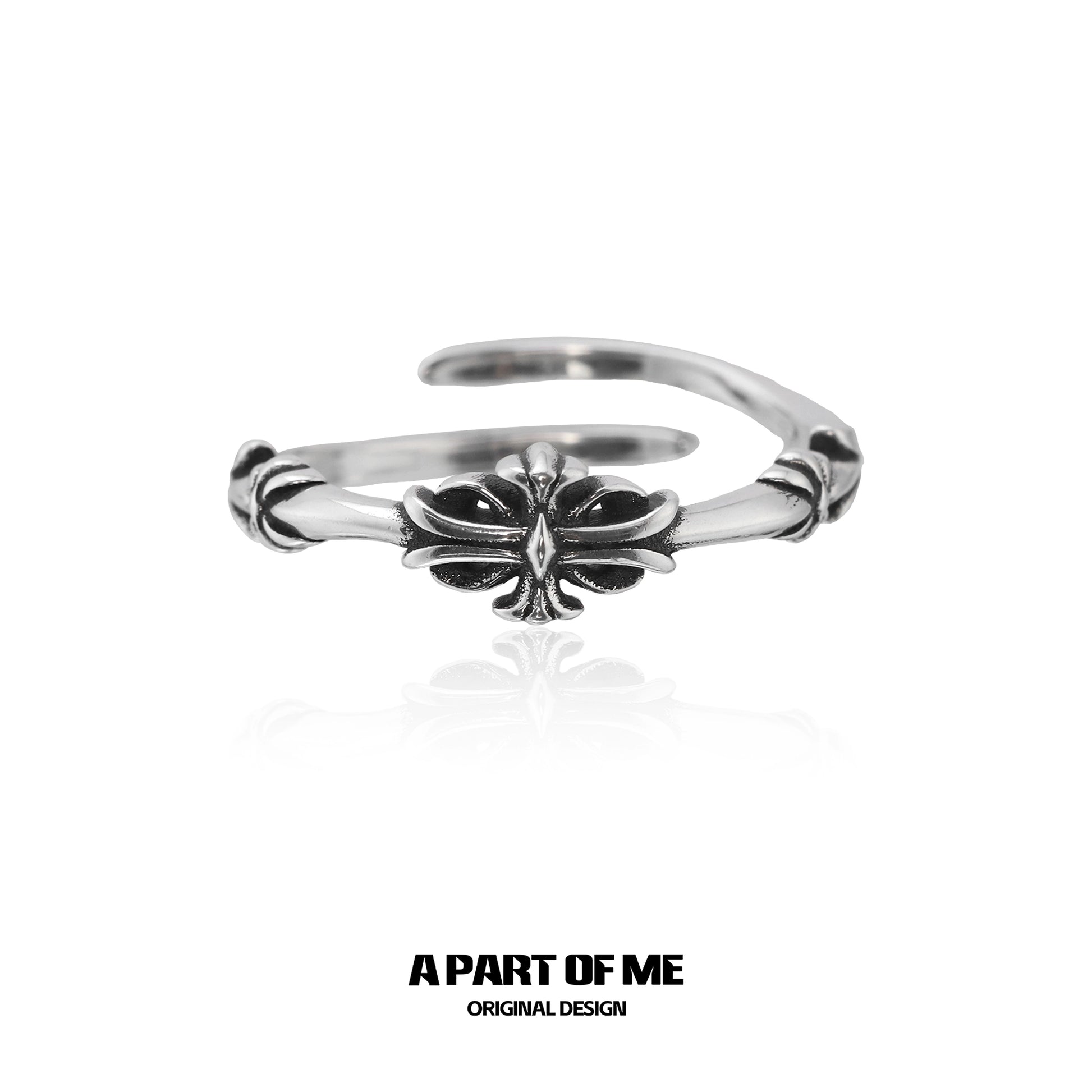 A PART OF ME dark iris vintage ring with intricate floral design in polished silver tone