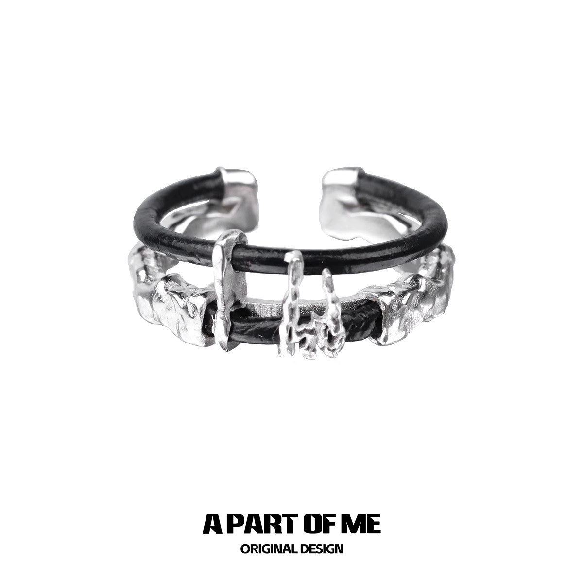 A PART OF ME dark matter leather ring featuring a unique textured design and adjustable fit