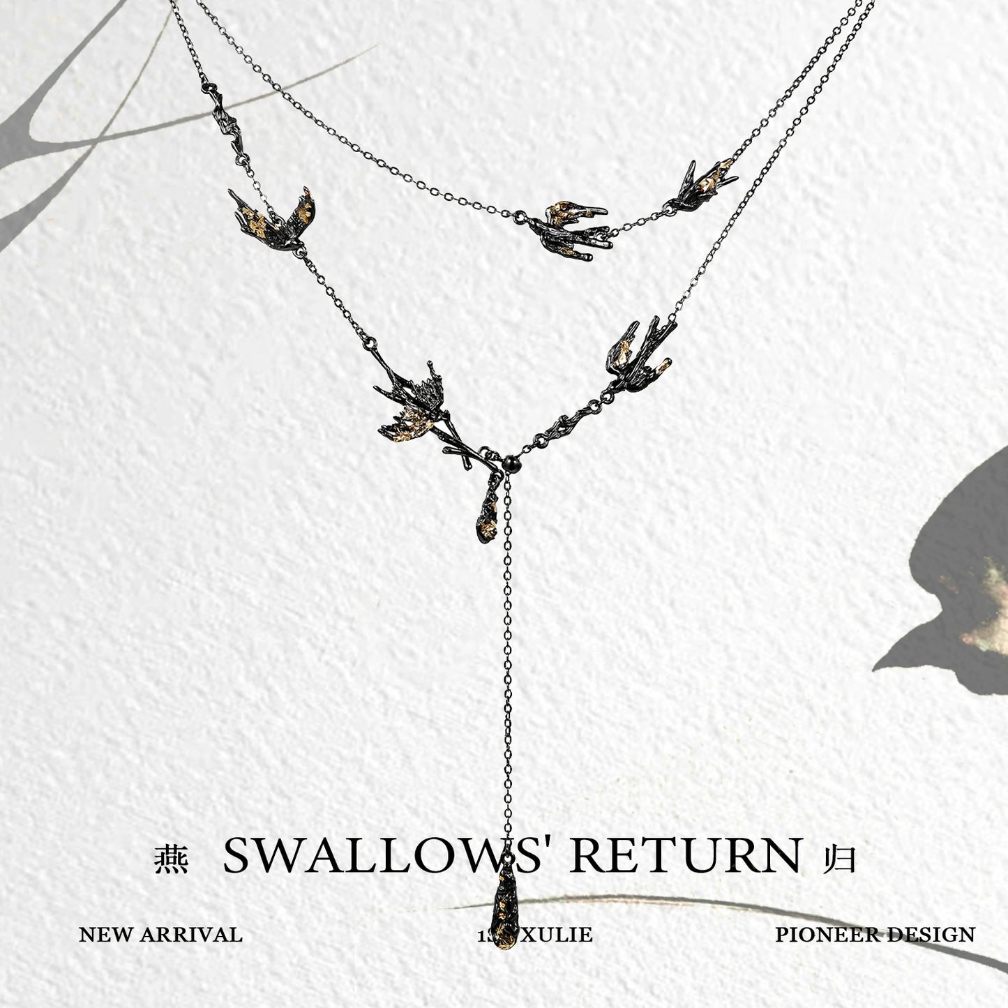 Dark swallow necklace featuring intricate bird designs and a unique layered style from 1STXULIE