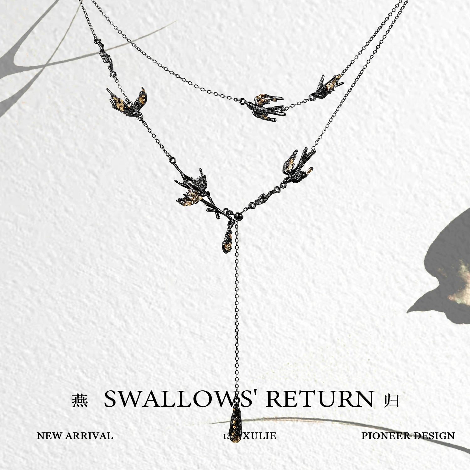 Dark swallow necklace featuring intricate bird designs and a unique layered style from 1STXULIE
