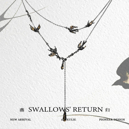 Dark swallow necklace featuring intricate bird designs and a unique layered style from 1STXULIE