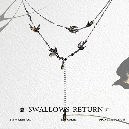 Dark swallow necklace featuring intricate bird designs and a unique layered style from 1STXULIE