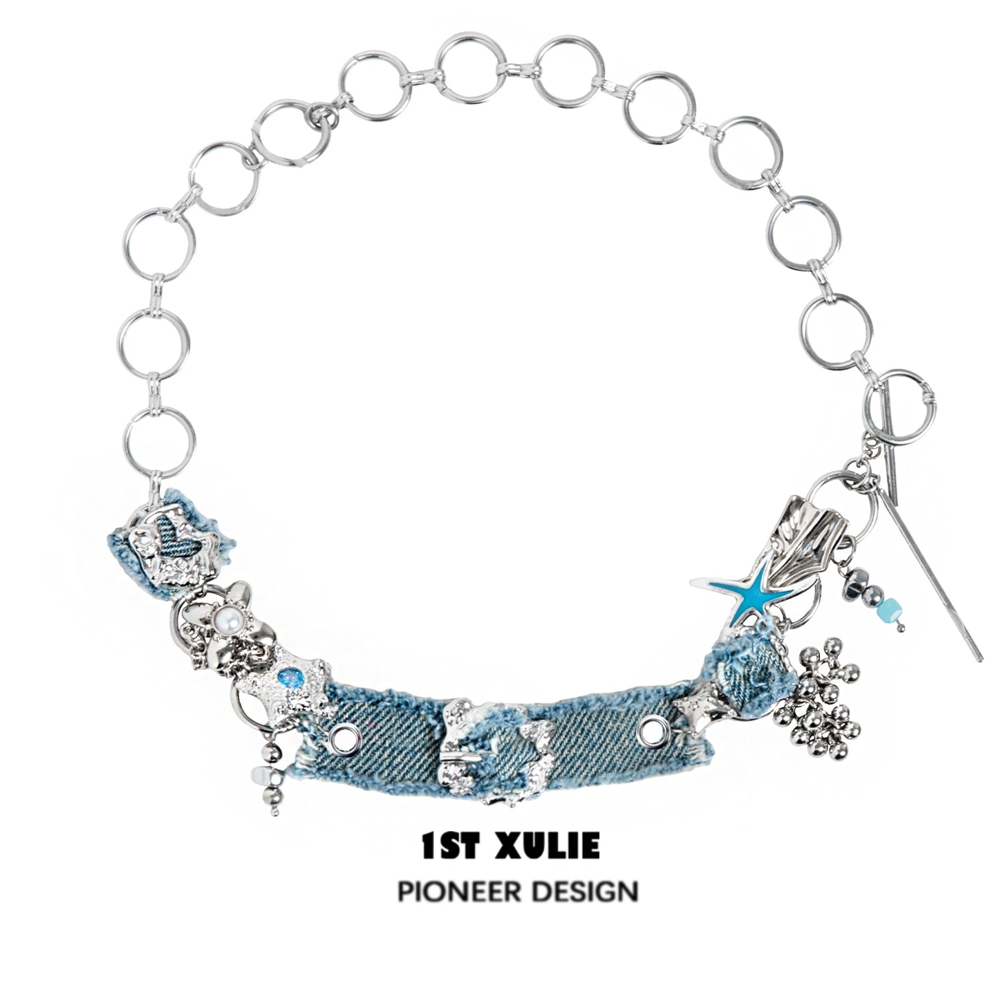 Denim star choker necklace with silver accents and unique design from 1ST XULIE
