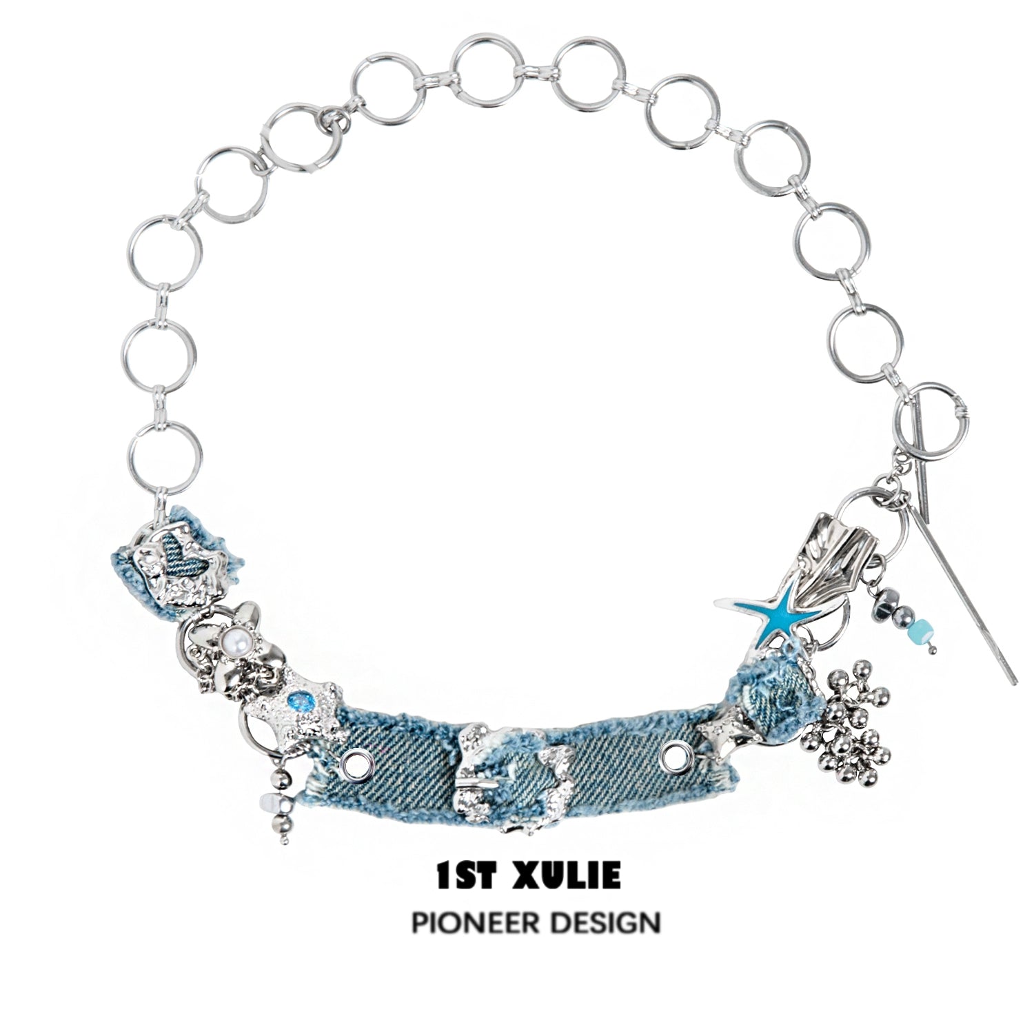 Denim star choker necklace with silver accents and unique design from 1ST XULIE