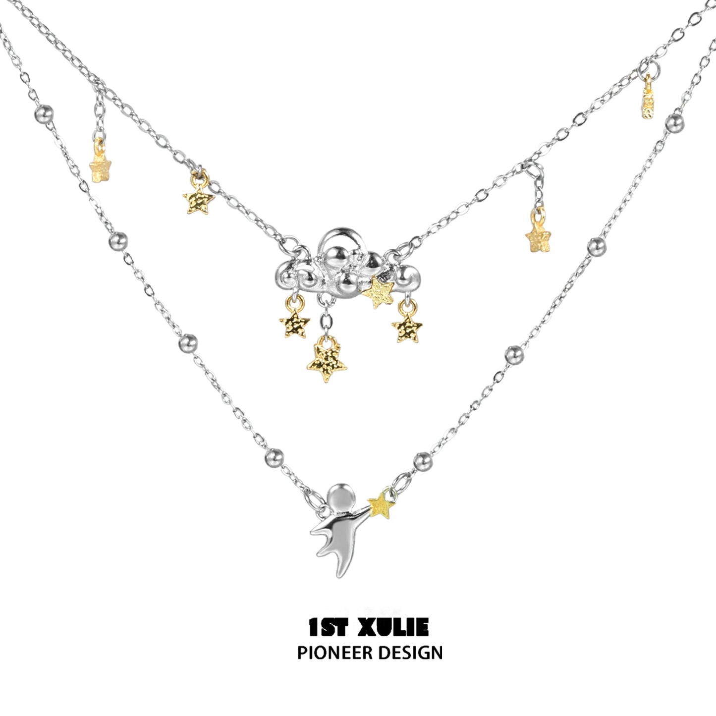1STXULIE double layered star necklace with gold and silver star charms for a trendy layered look