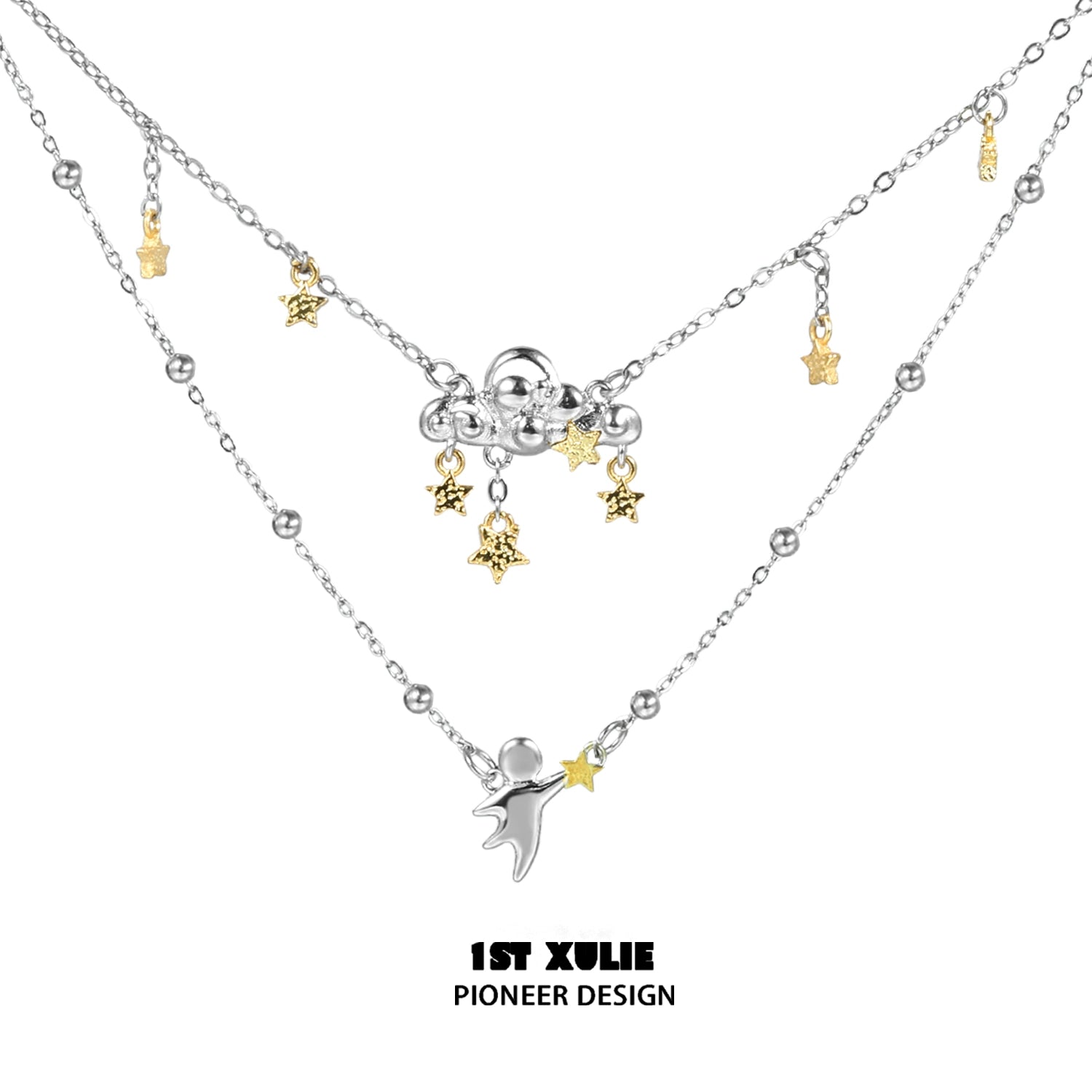 1STXULIE double layered star necklace with gold and silver star charms for a trendy layered look