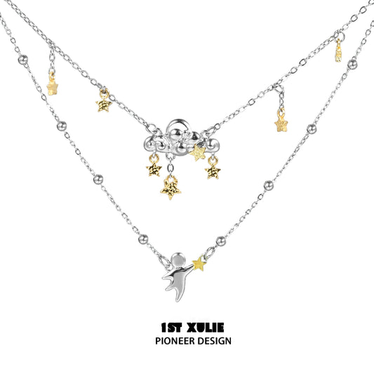 1STXULIE double layered star necklace with gold and silver star charms for a trendy layered look