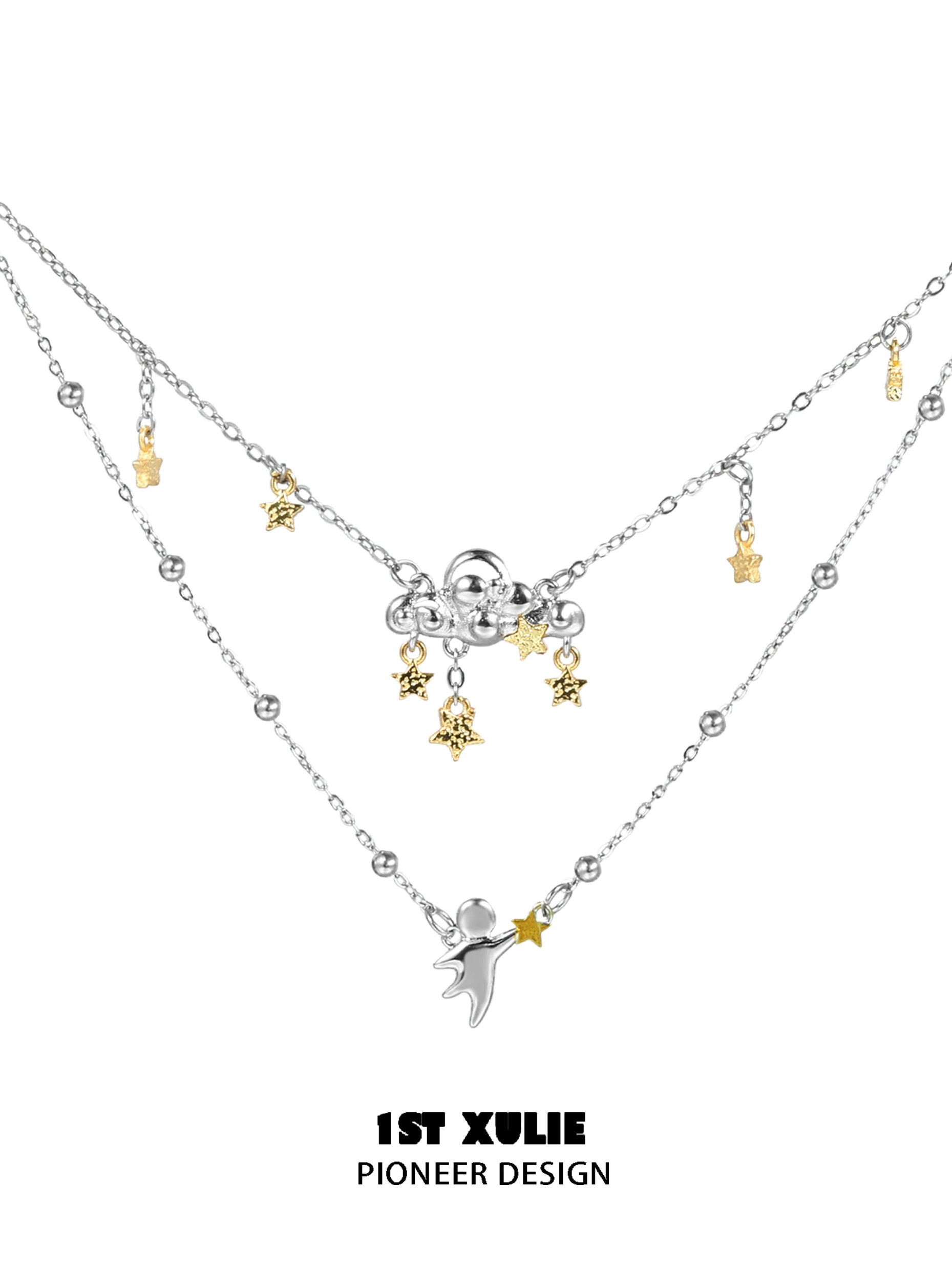 1ST XULIE double layered star necklace featuring gold and silver star charms for a stylish look