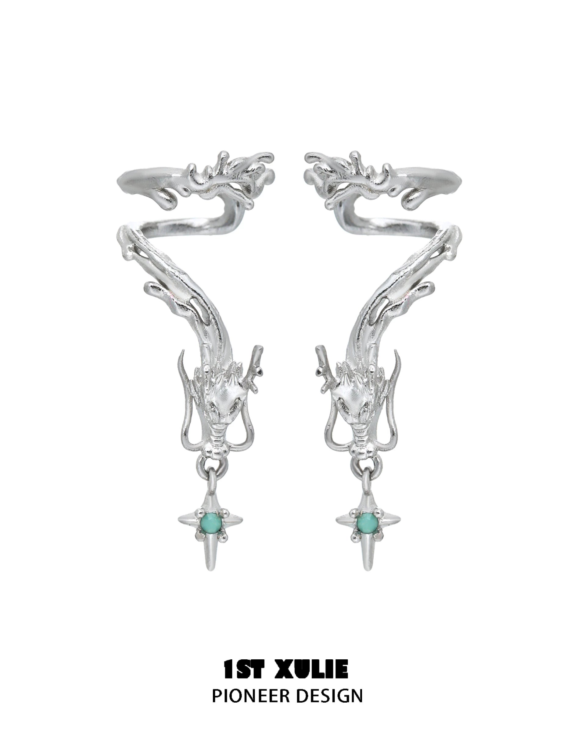 Silver dragon ear cuff jewelry featuring intricate design and turquoise accents for a unique look