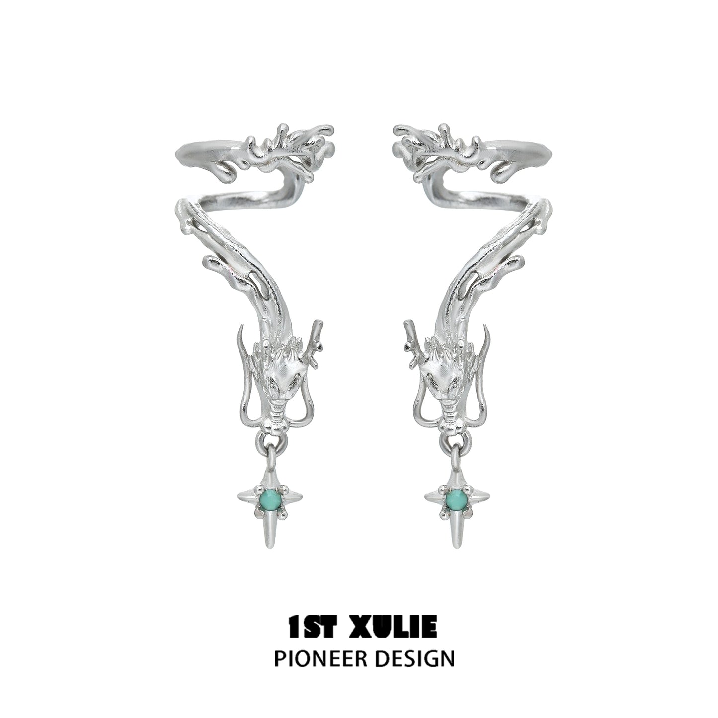 Intricate 1STXULIE dragon ear cuff jewelry with silver finish and turquoise accents