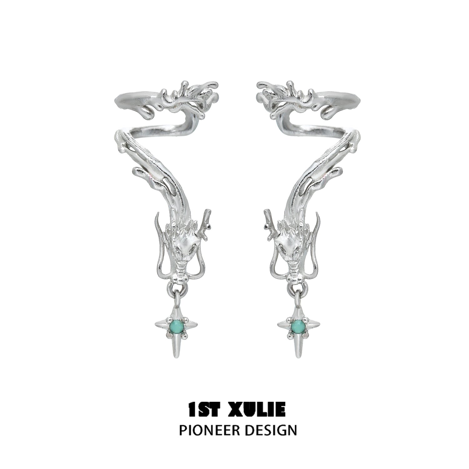 Intricate 1STXULIE dragon ear cuff jewelry with silver finish and turquoise accents