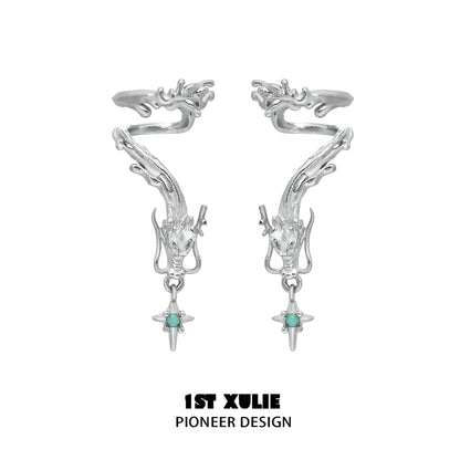 Intricate 1STXULIE dragon ear cuff jewelry with silver finish and turquoise accents